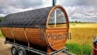 Mobilna sauna beczka z pół panoramicznym oknem